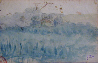 Paysage au crayon rehaussé d'aquarelle et portant des tâches d'encre brune