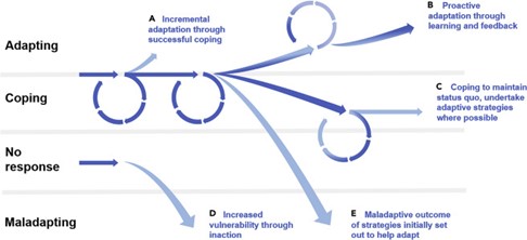 Graphique conceptuel des résultats de l’adaptation dans le temps incluant les situations de maladaptation – Veuillez nous contacter via le formulaire de contact pour une transcription complète