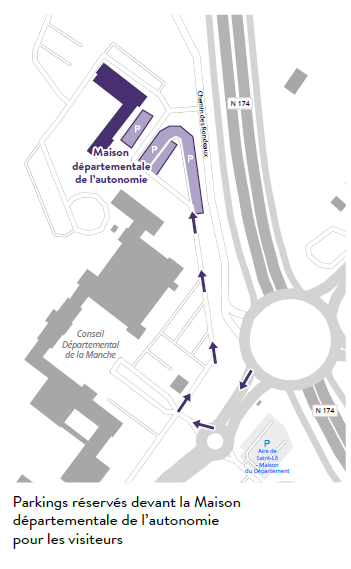 Plan d'accès à la Maison départementale de l'autonomie à Saint-Lô qui explique que des parkings sont réservés aux visiteurs devant la Maison départementale de l'autonomie située 98 route de Candol 50050 Saint-Lô 
